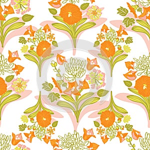 Pink orange green blooming mediterranean flower bouquet summer floral seamless vector pattern for fabric, wallpaper, scrapbooking