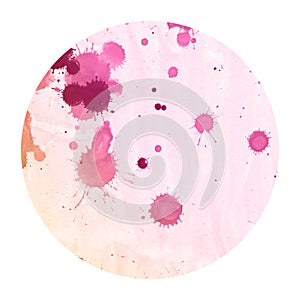 Pink and orange hand drawn watercolor circular frame background texture with stains