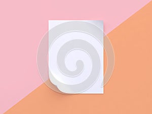 Pink orange pastel background tilted white blank paper corner curve abstract minimal 3d render paper mock up