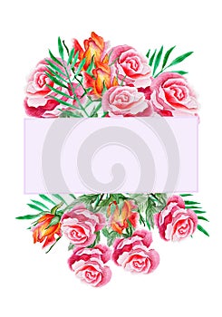 Pink And Orange Roses With Frame. Watercolor Illustration.