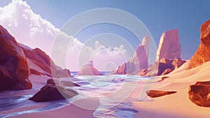 Pink And Orange Sunset Over Calm Ocean Beach With Rocks