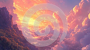 Pink And Orange Sunset Over Mountains And Clouds