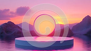 Pink And Orange Sunset Over Mountains With Glowing Circle Platform