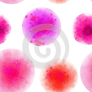 Pink and Orange Watercolor Large Dot Pattern. Watercolor Pink Stain Seamless Pattern.