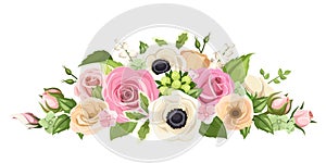 Pink, orange and white roses, lisianthuses, anemone flowers and green leaves. Vector illustration.