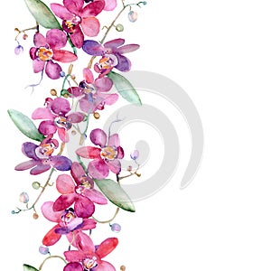 Pink orchid bouquet floral botanical flower. Watercolor background illustration set. Seamless background pattern.