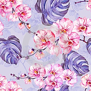 Pink orchid flowers with outlines and large monstera leaves on light lilac background. Seamless floral tropical pattern. photo
