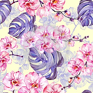 Pink orchid flowers with outlines and large purple monstera leaves on light yellow background. Seamless pattern.