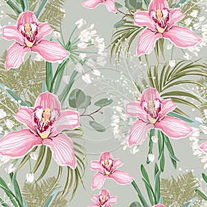 Pink orchid, herbs, berries, palm leaves and greenery seamless pattern.