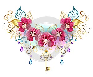 Pink orchids with beads and gold key