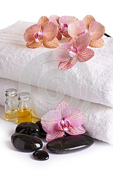 Pink orchids, cosmetic oil and spa stones