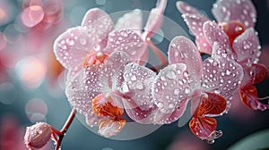 Pink Orchids with Dewdrops and Soft Bokeh Lighting.