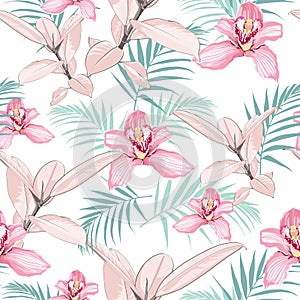 Pink orchids, exotic ficus and tropical palm leaves. Seamless pattern.