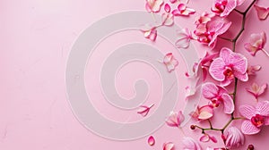Pink Orchids Spread on Pastel Pink Background, Copy Space.