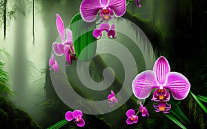 Pink orchids on a tree in the rainforest. Generative Al Illustration