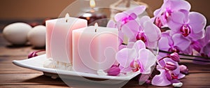 pink orchids, white soap, candles on a table