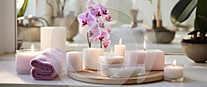 pink orchids, white soap, candles on a table