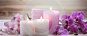 pink orchids, white soap, candles on a table