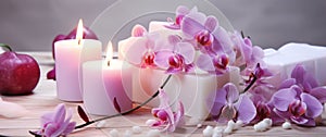 pink orchids, white soap, candles on a table