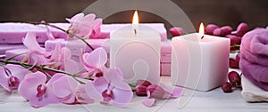 pink orchids, white soap, candles on a table