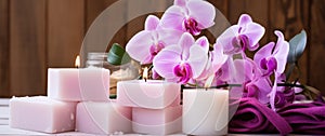 pink orchids, white soap, candles on a table