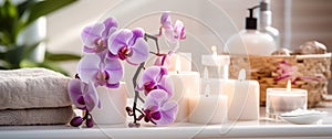 pink orchids, white soap, candles on a table