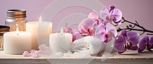 pink orchids, white soap, candles on a table