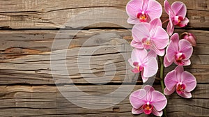 Pink orchids on wooden backdrop with text space