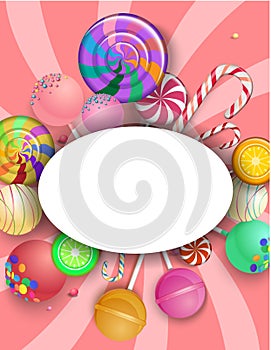 Pink oval background with colorful lollipops.