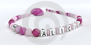 A pink pacifier chain for girls with name Alicia