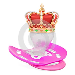 Pink pacifier with golden crown. Royal baby concept, 3D rendering