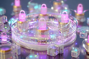Cybersecurity Concept Glowing Padlocks with Binary Code Data Flow