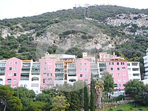 Pink painted apartment block buildings