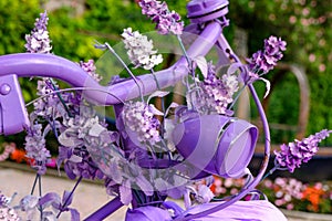 Pink painted bicycle ornamented with lavender