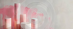 Pink painted cylinders with abstract background