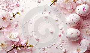 Pink painted easter eggs and cherry flowers on white texture. Background for greetings