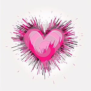 Pink painted heart with splashes of paint around white isolated background. Heart as a symbol of affn and love
