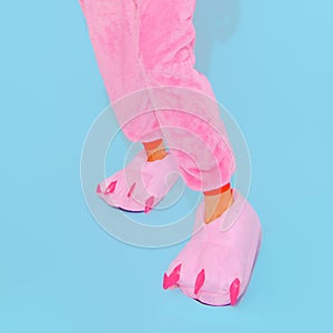 Pink Pajamas Party mood. Funny slippers.   Minimal. Home Relax style. Kigurumi shop concept