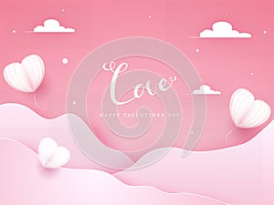 Pink Paper Cut Wavy Background Decorated with Origami Heart Shaped Balloons and Clouds for Love, Happy Valentine`s Day Celebratio