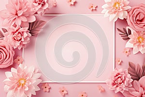 Pink paper flowers on a pink background with a white frame