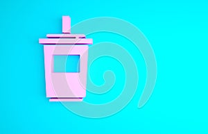 Pink Paper glass with drinking straw and water icon isolated on blue background. Soda drink glass. Fresh cold beverage