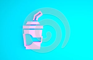 Pink Paper glass with drinking straw and water icon isolated on blue background. Soda drink glass. Fresh cold beverage