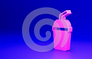 Pink Paper glass with drinking straw and water icon isolated on blue background. Soda drink glass. Fresh cold beverage