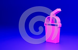 Pink Paper glass with drinking straw and water icon isolated on blue background. Soda drink glass. Fresh cold beverage