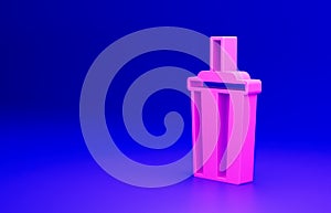 Pink Paper glass with drinking straw and water icon isolated on blue background. Soda drink glass. Fresh cold beverage