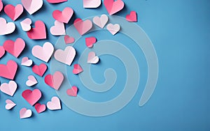 Pink paper hearts on a blue background.Valentine\'s day background