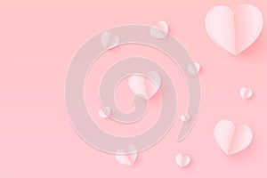 Pink Paper Hearts with copy space . Paper Heart flying on pink background. Vector Illustration, Mother`s Day,Valentine`s Day