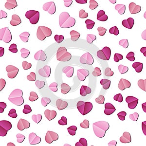 Pink paper hearts are scattered on a white background. Seamless pattern