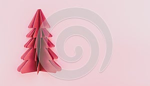 A pink paper origami christmas tree on pink background isolated, copy space.