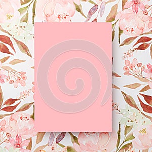 Pink paper on pastel watercolor flowers background. Invitation, floral, birthday, Mother`s, Valentines, Women`s, Wedding Day conce